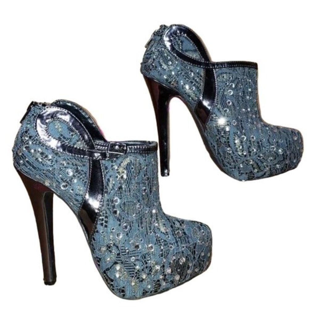 EVA & ZOE Papeete Blue Rhinestone Booties Ankle Boots Womens Size 6.5